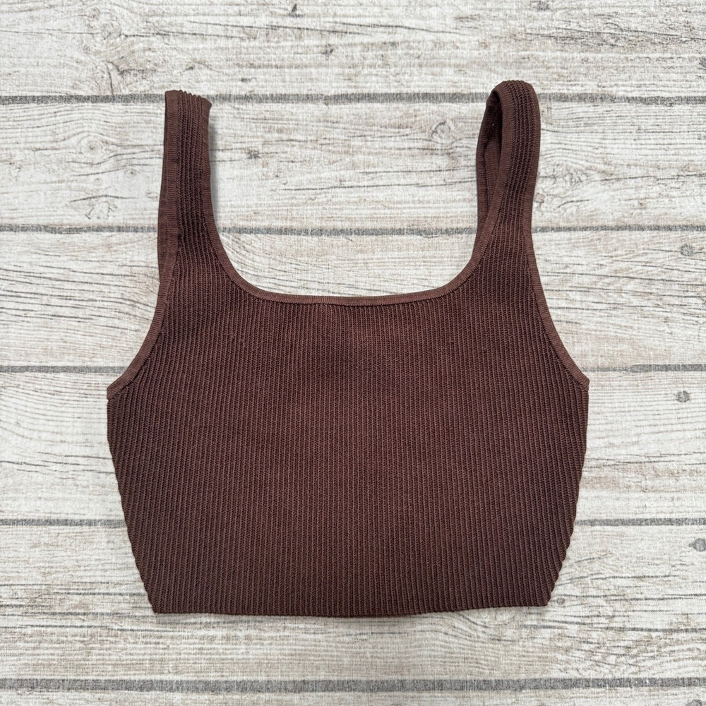 Babaton Aritzia Tank Top Women's M Brown Square Neck Cropped Ribbed Sculpt Knit